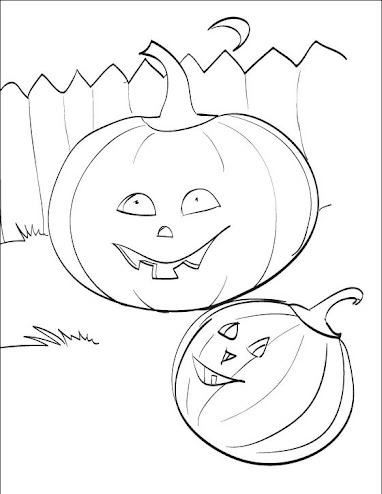 Coloring book of two hollow pumpkins in the yard
